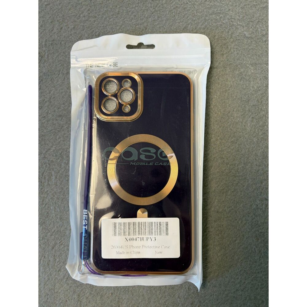 New Magnetic Phone Case Dark Purple Gold with Lanyard